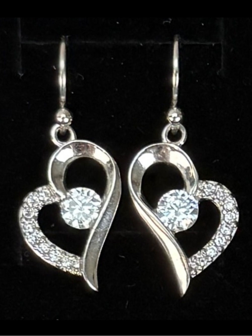 Vintage Silvertone Clear Bling Heart Pierced Earrings